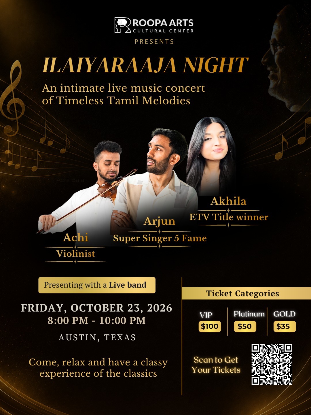 Ilaiyaraaja Night live music concert flyer featuring Achi, Arjun, and Akhila